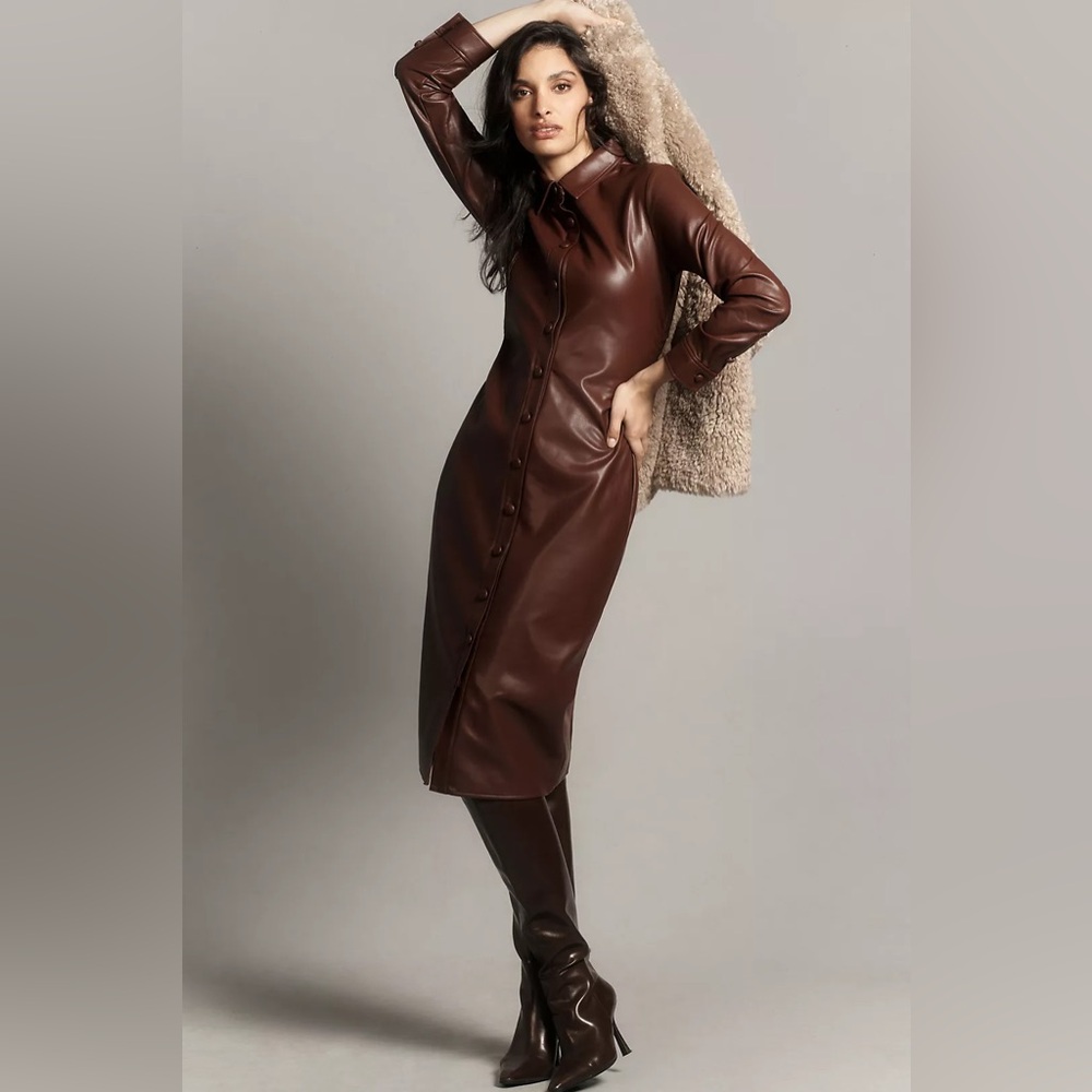 NEW By Anthropologie leather shirt dress long button coat jacket brown chocolate